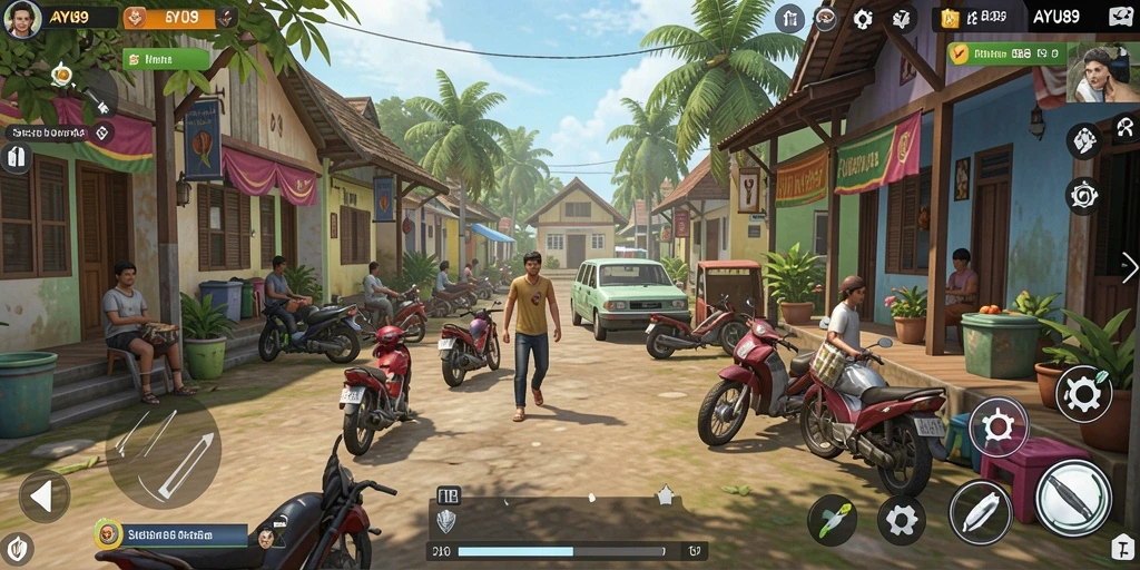Tampilkan gameplay AYU89 yang penuh warna dan interaksi karakter.