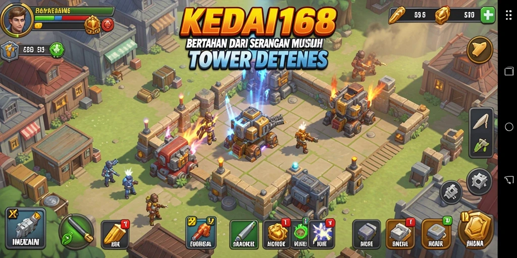 Screenshot KEDAI168 menunjukkan aksi seru dalam gameplay Tower Defense.