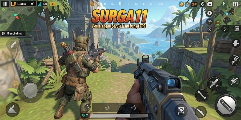 Tangkapan layar gameplay SURGA11 menampilkan aksi yang mendebarkan dalam pertempuran TPS.